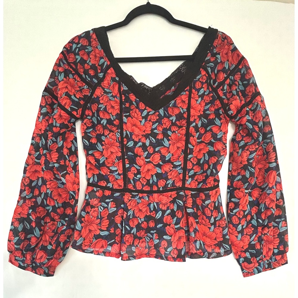 Floral V-Neck Peplum Top Red Blue Long Sleeve Lace Trim RP10176 Small